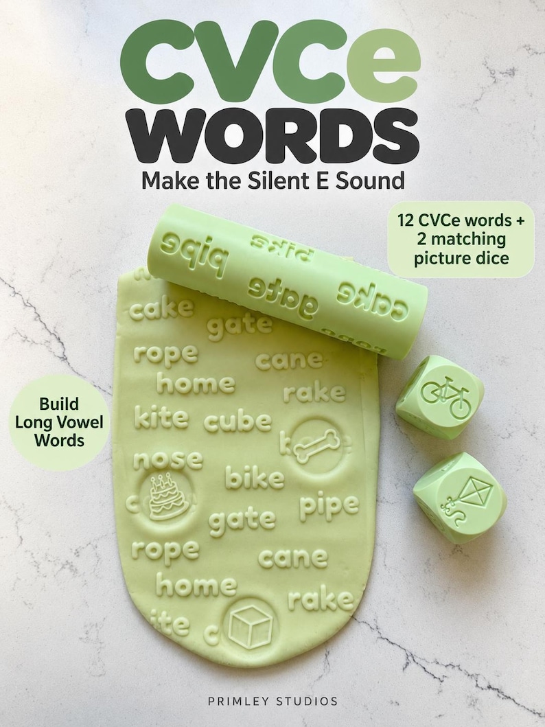 May include: A light green rolling pin with embossed text, a flat piece of light green dough imprinted with words like cake, gate, rope, and home, and two light green dice featuring bicycle and kite icons. Text includes CVCe WORDS.
