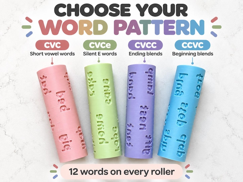 May include: Four cylindrical rollers in pink, light green, purple, and blue, each embossed with words. Text above reads CHOOSE YOUR WORD PATTERN with categories CVC, CVCe, CVCC, CCVC. Text below reads 12 words on every roller.