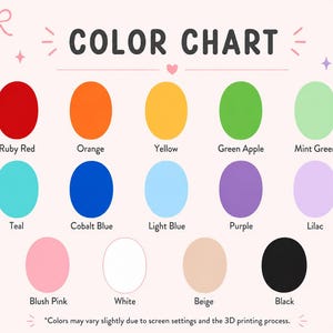 May include: A colour chart featuring fifteen oval swatches labelled Ruby Red, Orange, Yellow, Green Apple, Mint Green, Teal, Cobalt Blue, Light Blue, Purple, Lilac, Blush Pink, White, Beige, and Black, with text noting colour variations.