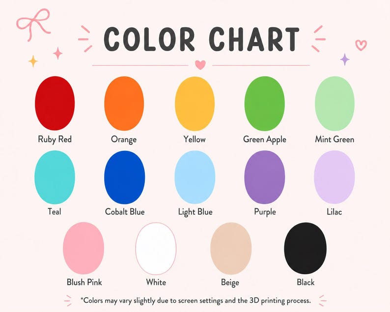 May include: A colour chart featuring fifteen oval swatches labelled Ruby Red, Orange, Yellow, Green Apple, Mint Green, Teal, Cobalt Blue, Light Blue, Purple, Lilac, Blush Pink, White, Beige, and Black, with text noting colour variations.