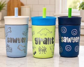 Personalized Owala Kids Tumbler | Custom Name Engraved Water Bottle | Dinosaur, Formula 1, Smiley Face Design | Gift for Boys | Toddler Gift