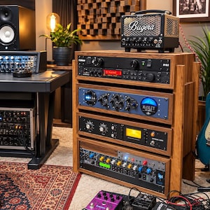 May include: A wooden studio rack containing multiple audio processing units, including a blue Manley unit and a black Universal Audio unit. A Bugera amplifier sits on top. Two electric guitars stand to the right, and a desk with monitors is visible.