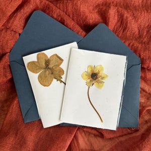 May include: Two handmade greeting cards with pressed flowers, one yellow and one brown, are displayed in front of two dark blue envelopes. The cards are on a textured white paper, set against a rust-coloured fabric.