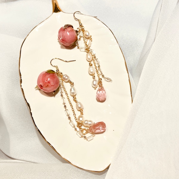 Real Pink Resin Rose Dangle Earrings, 14k Gold Filled Earrings, Made with all Natural Freshwater Pearls and Watermelon Gemstone