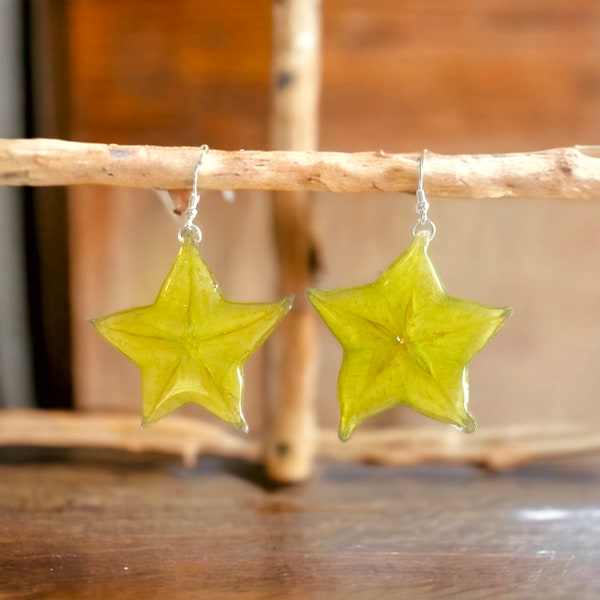 Resin Covered Star Fruit Earrings - Real Fruit Earrings - Summer Jewelry, Dried Star Fruit, Tropical Earrings