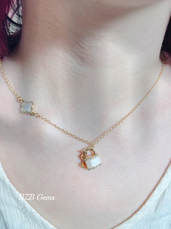 Mother of Pearl Necklace - Clover Necklace - Lock & Key Pendant