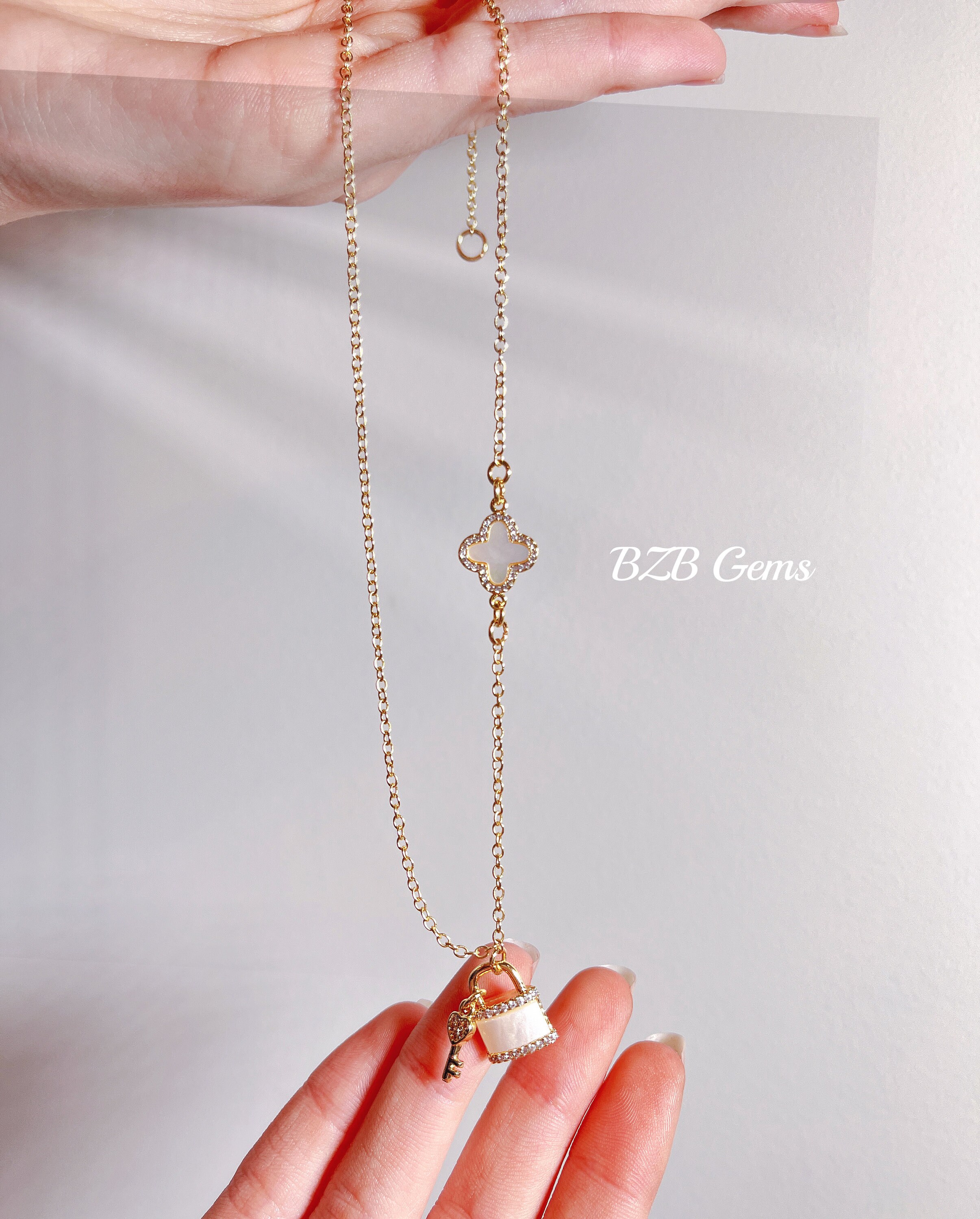 Mother of Pearl Necklace - Clover Necklace - Lock & Key Pendant