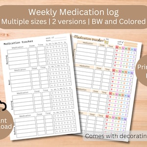 Weekly medicine schedule, Medication log template, Printable, Supplement tracker, Vitamin tracker, Chart for nurses and caregiver