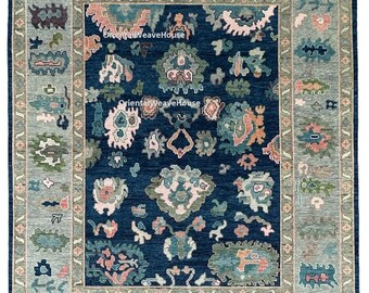 Oushak Traditional Handmade Cotton Area Rug, Light Blue Floral Pattern, 240 x 300 cm, Decorative Border style Hand Knotted Rug 4x6, 5x8, 6x9