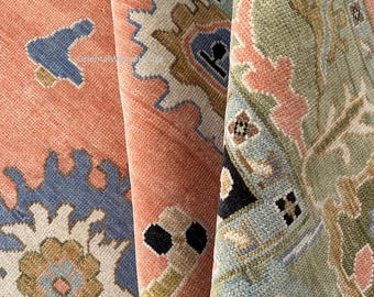 Hand-Knotted Oushak Wool Rug - Peach and Sage Green Trans. Salmon and Green Floral Area Rug Elegant Wool Rug in Peach with Sage Green Border