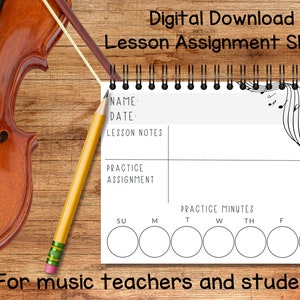 以下が含まれることがあります： 音楽の生徒のための印刷可能なレッスン課題シート。シートには、生徒の名前、日付、レッスンノート、練習課題、週ごとの練習時間を入れるスペースがあります。シートは音符で飾られています。