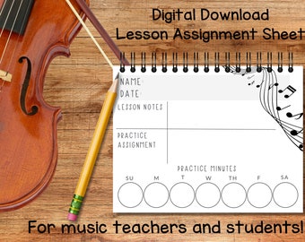 Music Teacher Assignment Printable | Music Lesson Assignment Sheet | Music Practice Record | Digital Download | Music Student Lesson Tracker