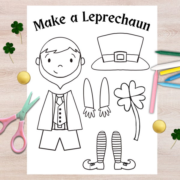 Leprechaun Cut and Paste Craft | Build a Leprechaun | Make a Leprechaun | St Patrick's Day Printable | Coloring Page | Preschool Activity |