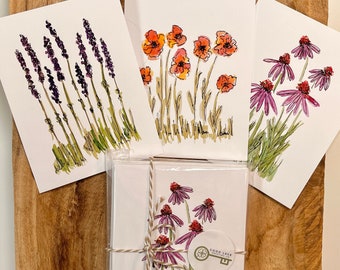 Watercolor Wildflower assortment pack of Blank Greeting Cards, set of 9 or 12 with envelopes