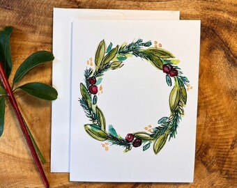 Green Wreath Watercolor Print on Blank Greeting Cards, Set of 10 or 12 with envelopes