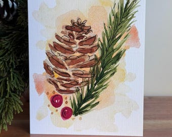 Holiday Watercolor Pinecone Print Blank Greeting Card