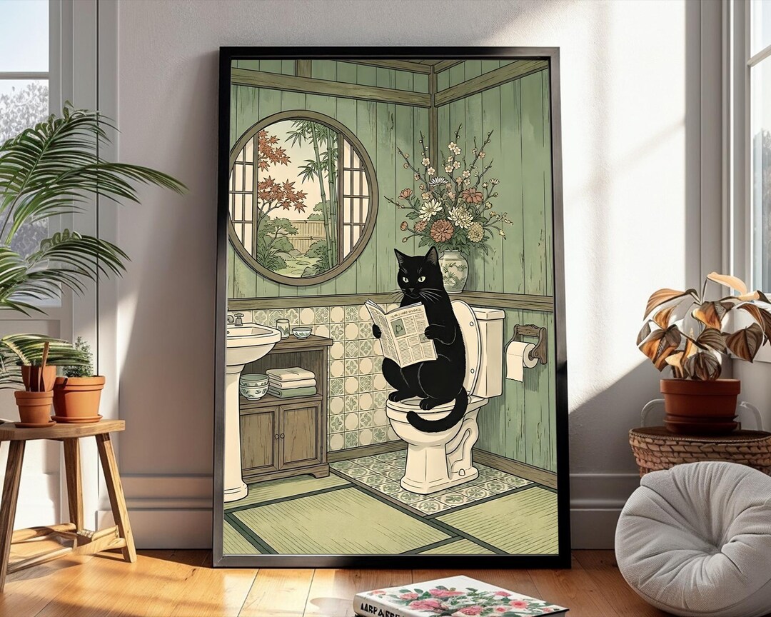 Funny Japanese Black Cat Toilet Poster, Cat Reading Newspaper Print ...