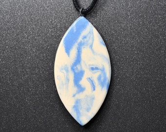 Handmade blue marbled unique necklace/pendant made of ceramic with fabric cord