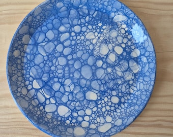 Handmade unique ceramic plate &quot;Bubbles&quot; with rim and soap bubble decoration in blue