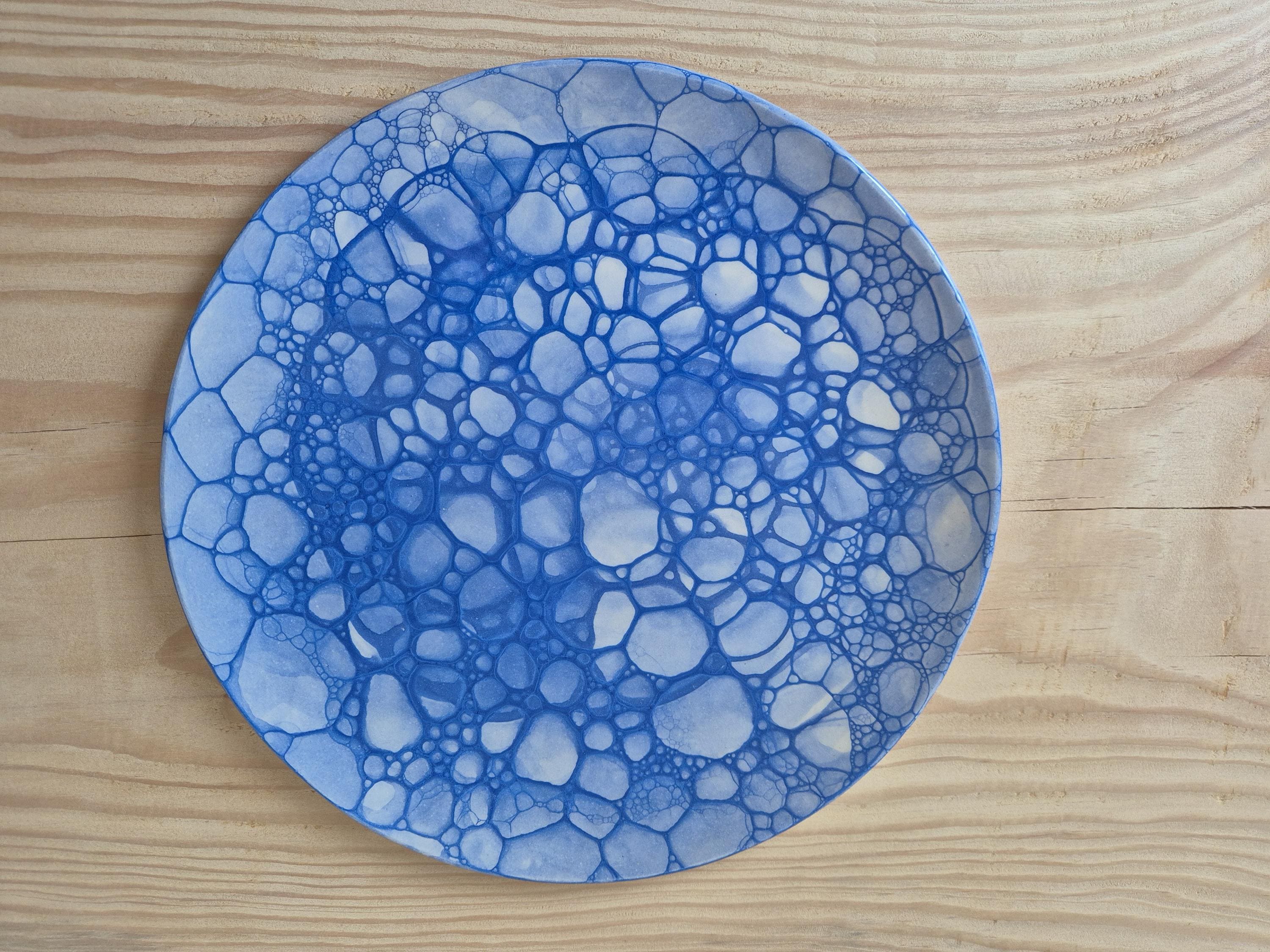 Handmade unique ceramic plate "Bubbles" with soap bubble decoration in blue