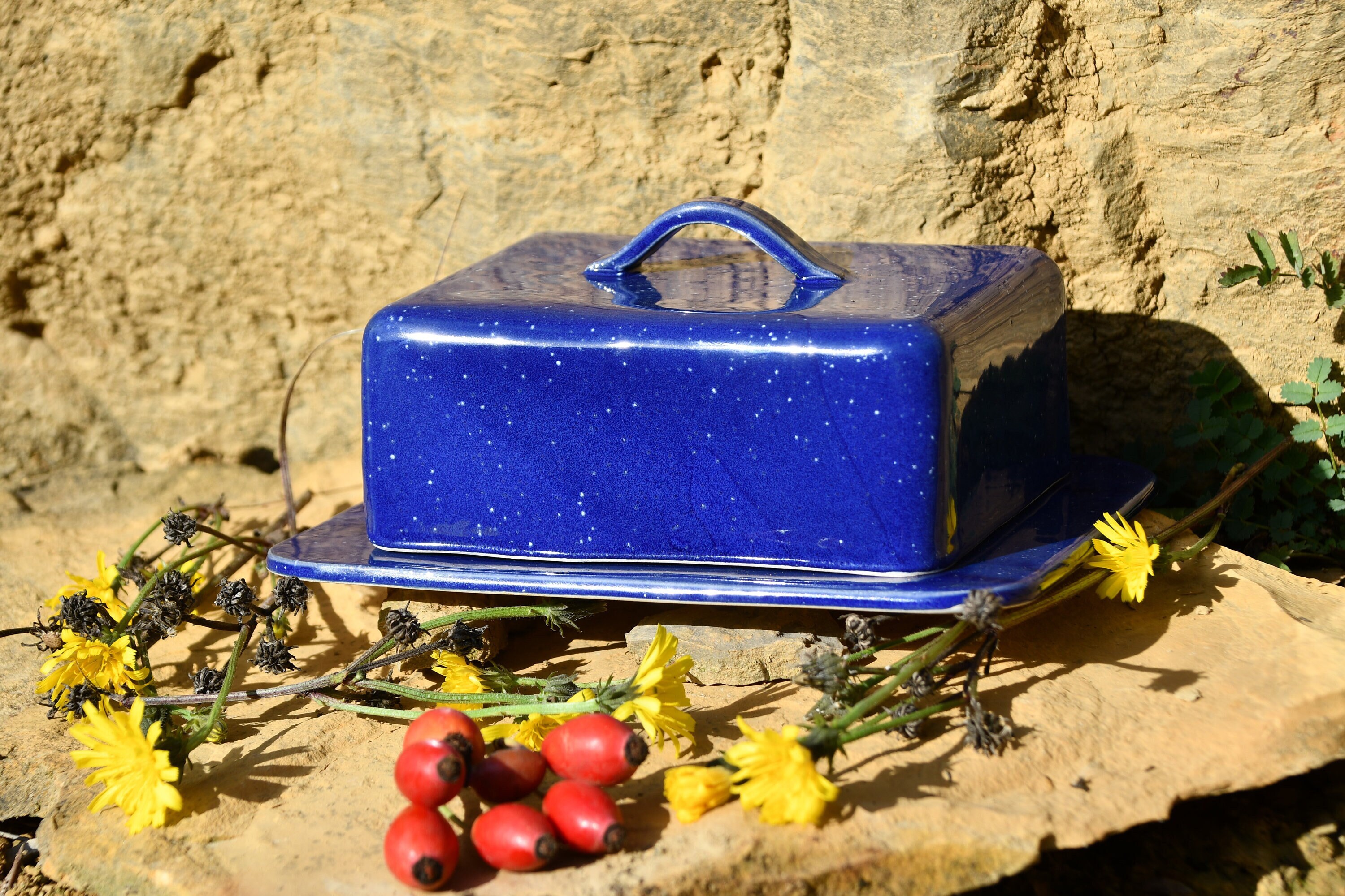 Handmade ceramic butter dish "Night Sky" with butter rim and handle