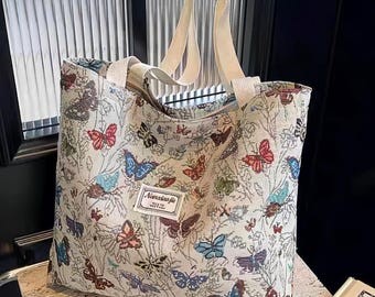 Butterfly Tote Bag for Women, Large Cotton Canvas Shopper with Zipper, Versatile Mother Diaper Bag for Commute & Travel, Elegant Daily Purse