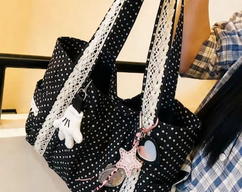 Vintage Polka Dot Tote Bag with Lace Trim - Black and White Canvas Shopper with Magnetic Clasp, Perfect Gift for Her  valentines gifts
