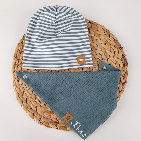 Beanie Mütze Halstuch Dreieckstuch Musselin Namen Personalisiert Mint Petrol Set Baby Geburt Geschenk