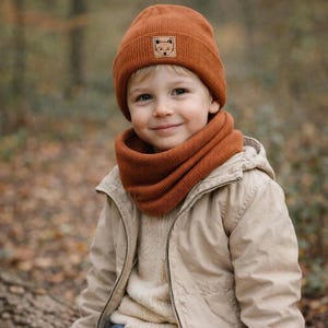 Hipster Beanie Mütze mit Label/Patch Baby und Kinder Hej Hey Mini Me Herbst Winter Kupfer Rost