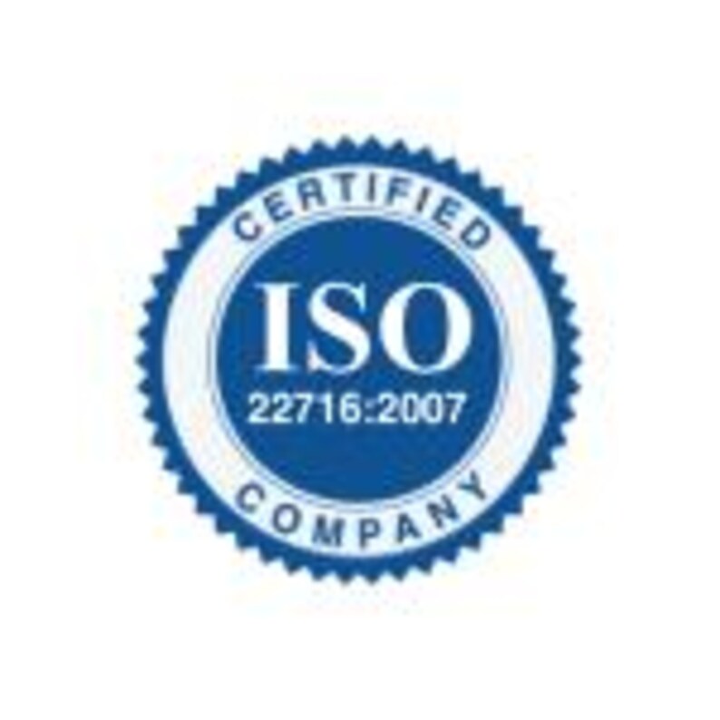 May include: A blue and white circular seal with the text "CERTIFIED ISO 22716:2007 COMPANY" in a stylized font. The seal has a starburst design around the outer edge.