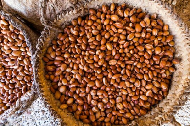 May include: Overhead shot of two woven baskets filled with brown argan nuts. The nuts are oval-shaped and have a light brown color. The baskets are made of a light-colored woven material.