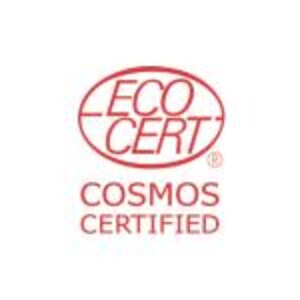 May include: A red and white "ECO CERT COSMOS CERTIFIED" logo. The logo is circular with the text in a sans-serif font. The words "ECO CERT" are in a horizontal oval, and "COSMOS CERTIFIED" is below.
