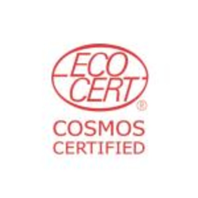May include: A red and white "ECO CERT COSMOS CERTIFIED" logo. The logo is circular with the text in a sans-serif font. The words "ECO CERT" are in a horizontal oval, and "COSMOS CERTIFIED" is below.