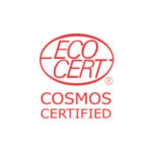 May include: Ecocert Cosmos Certified logo in red with a white background. The logo is a circle with the word "Ecocert" in a red oval and the words "Cosmos Certified" below.
