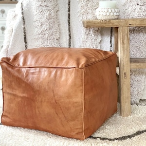 Square Leather Ottoman Pouffe Cover Moroccan Leather, Ottoman Square Pouf, Light tan Handmade Footstool Square True Moroccan Leather