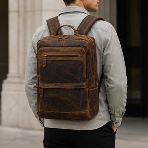 Slim Leather Laptop Backpack | Minimalist Mens Work Rucksack, Personalized Business Daypack & Commuter Bag