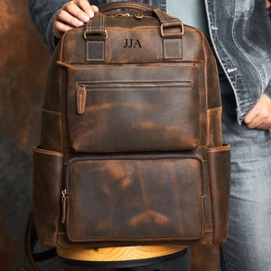 Buffalo Leather Laptop Backpack | Personalized Full Grain Travel Rucksack, Large Capacity Men's Business Bag