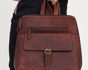 Sac à Dos en Cuir Marron Rustique – Sac Compact Fait Main en Pleine Fleur Vieilli