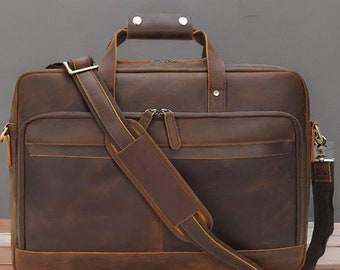 Full Grain Leather Laptop Messenger Bag, 18 Inch Buffalo Leather Briefcase, Personalized Executive Work Bag, Professional Leather