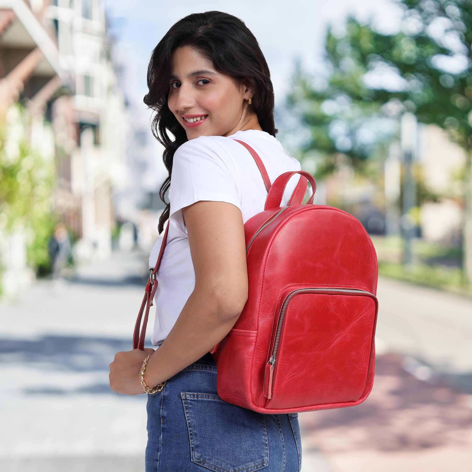 Cherry Red/Chestnut Leather Mini Backpack Cherry Red Leather Backpack for Women – Personalized Mini  main image 4