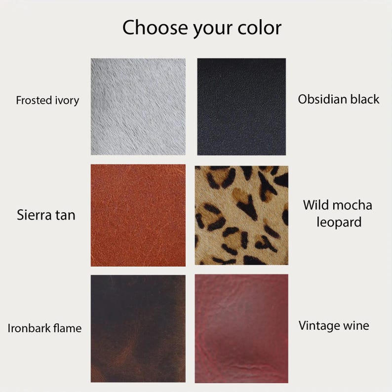 Material and color swatch chart featuring leather tones including Wild Leopard, Tan, Wine, and Black.