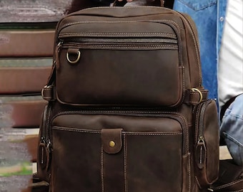 Rustic Brown Leather Backpack, Personalized Full Grain Laptop Bag, Handmade Travel Rucksack, Professional Work Bag for Men/Women, Large