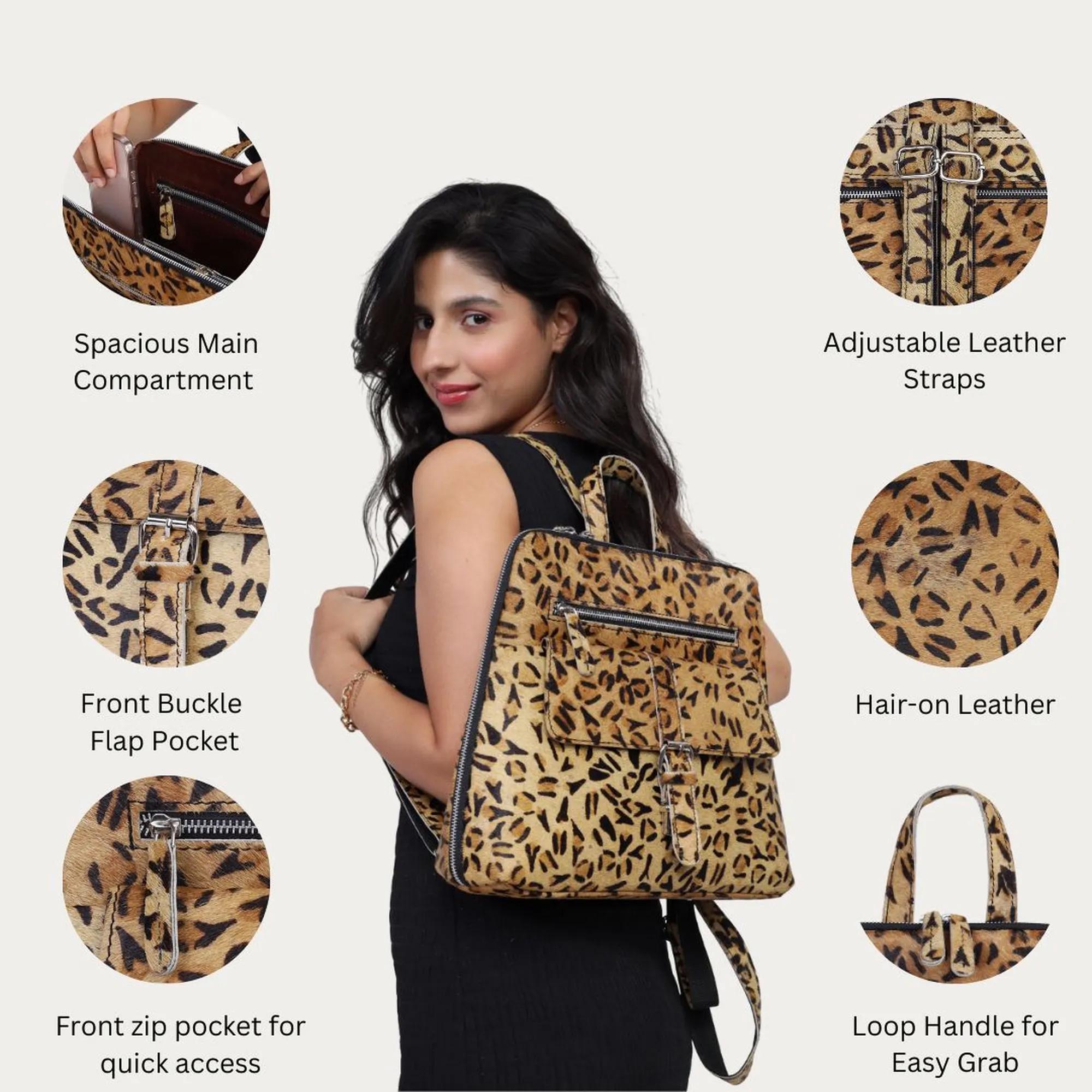 Cowhide Leather Bag – Womens Animal Print Backpack – Ladies Shoulder Bag – Leopard Print Leather Backpack for Women – Convertible  main image 4