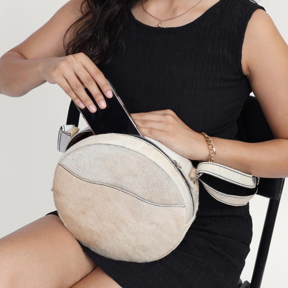 Sling Bag White Circle Purse White Hairon Round Leather Crossbody - Main Image