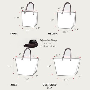 Detailed size measurements of small, medium, large, and oversized leather tote bags with illustrated diagrams.