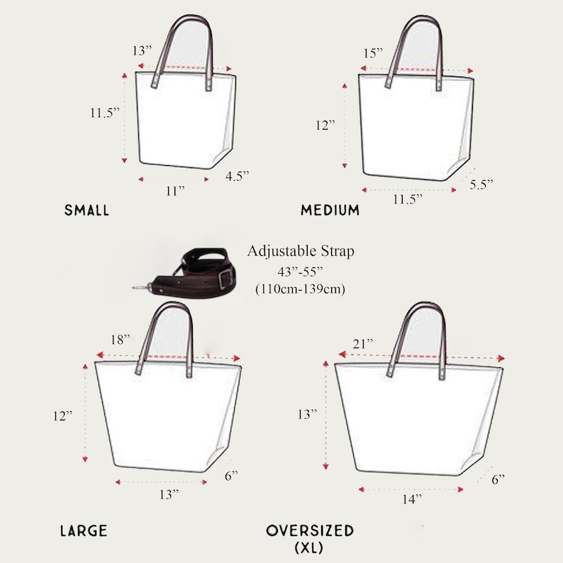 Detailed size measurements of small, medium, large, and oversized leather tote bags with illustrated diagrams.