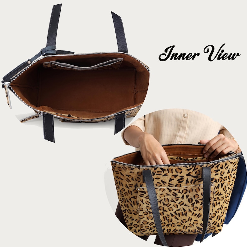 Interior view of leather tote showing spacious inside with multiple compartments and zip pocket.