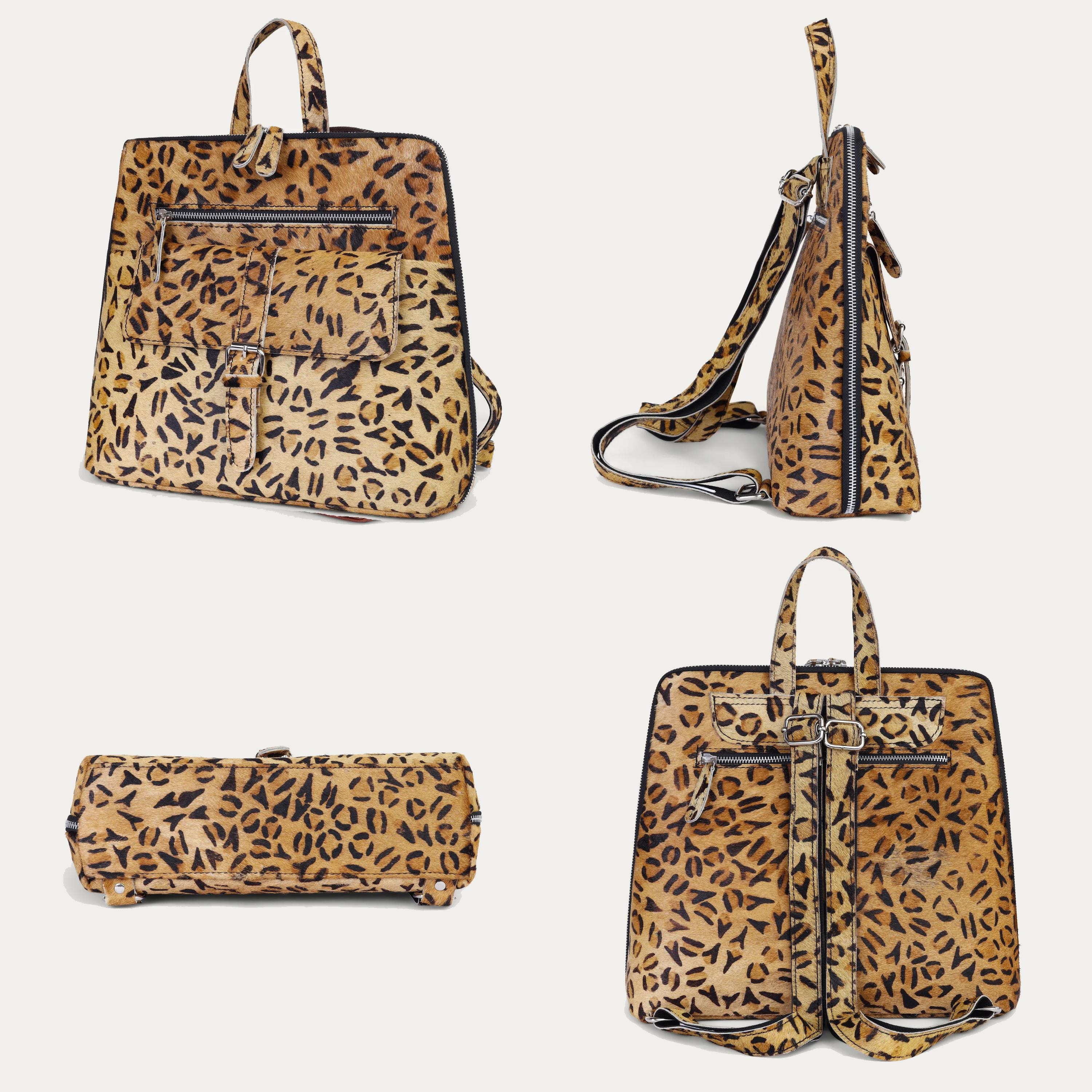 Cowhide Leather Bag – Womens Animal Print Backpack – Ladies Shoulder Bag – Leopard Print Leather Backpack for Women – Convertible  main image 3