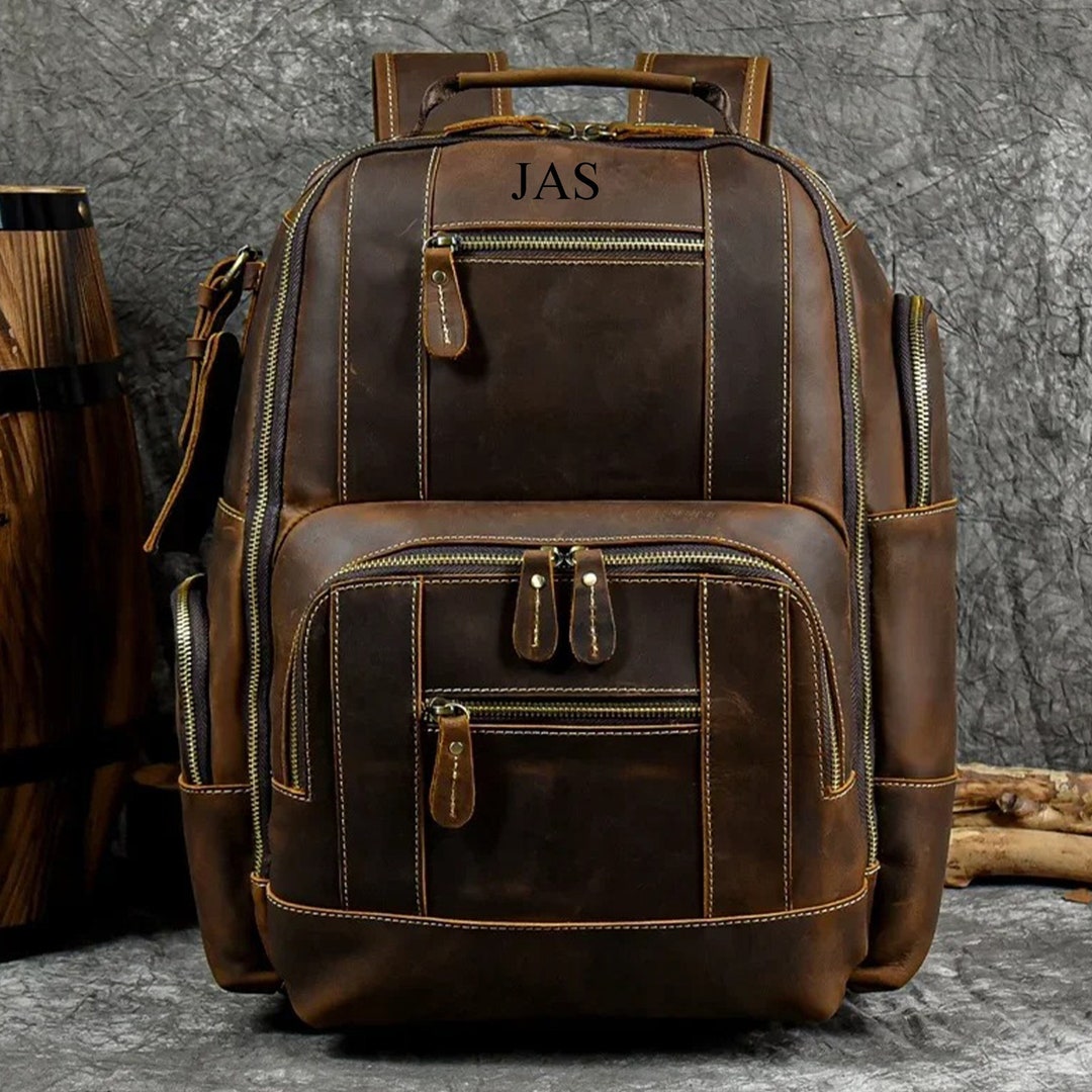 Full Grain Leather Travel Backpack Personalized Laptop Rucksack