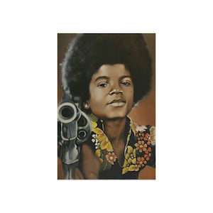 May include: A painting of a person with an afro hairstyle wearing a colorful floral shirt and holding a gun. The person is looking directly at the viewer.